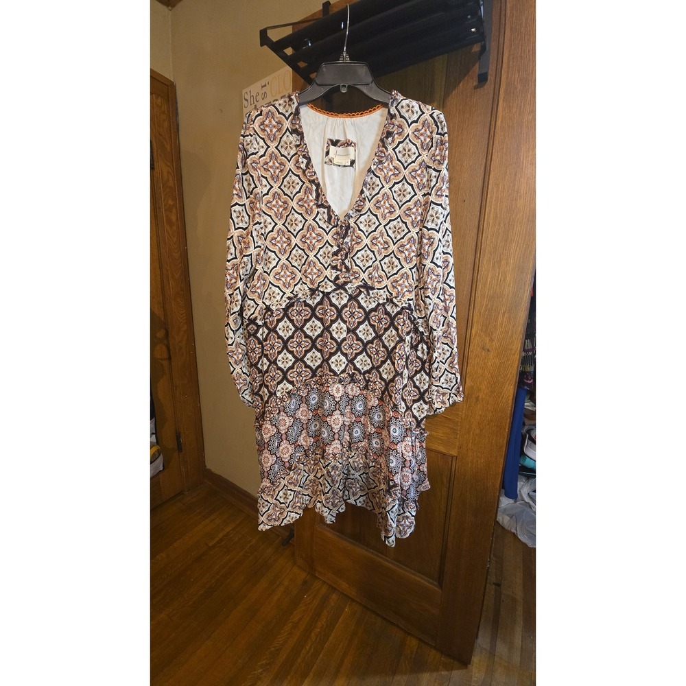 Anthropologie XL Boho Geometric Print Ruffle Tiered V-Neck Long Sleeve Dress